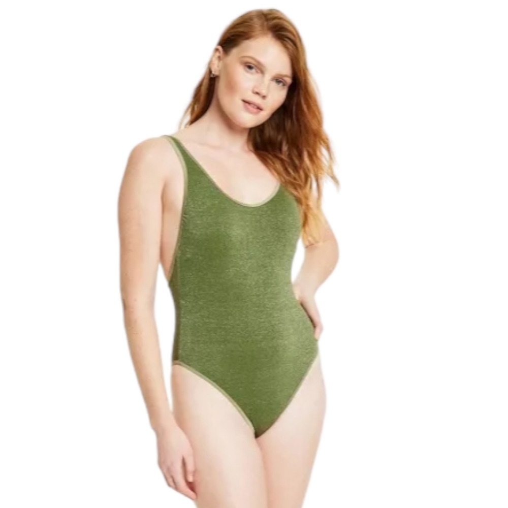 FE NOEL Women's Metallic High Leg Cheeky One Piece Swimsuit  Dark Olive NWT XXL